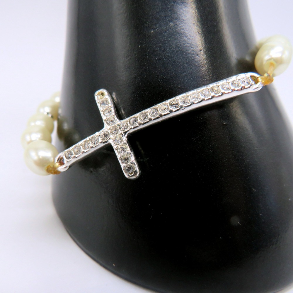 Faux Pearl Cross Stretch Bracelet Rhinestone Religious Jewelry Cream Silver